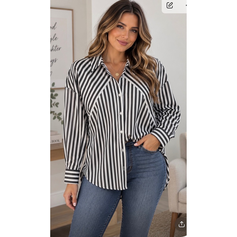 NWT Express Boyfriend Shirt Womens Large Black White Striped Button Down